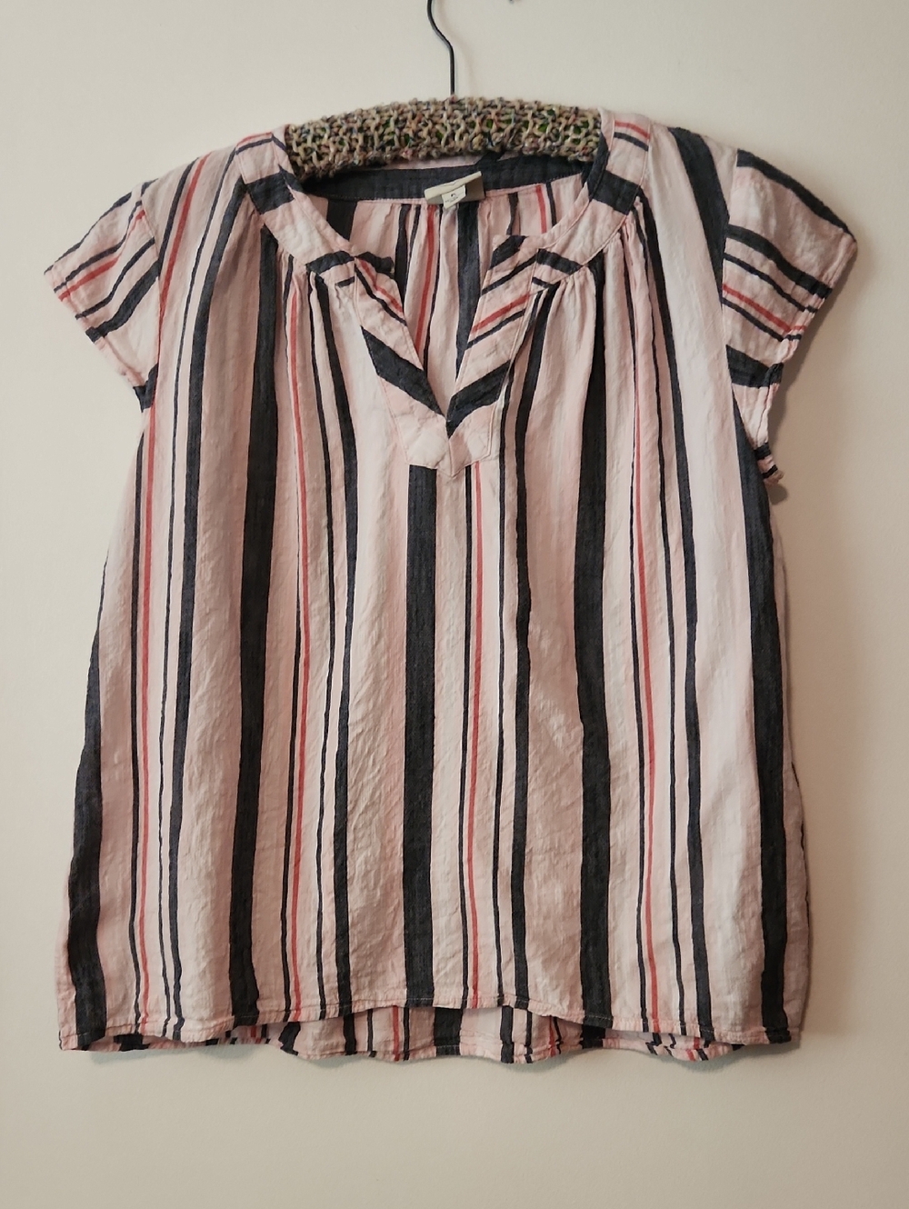 St. John's Bay Pink and Black Striped Short Sleeve Blouse